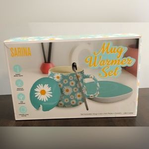 Mug Warner 5pc Set Daisy flowers graphic Mug Lid Hot plate Spoon USB cable mint.